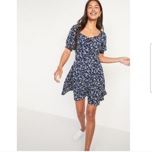Old Navy Blue Floral Fit FlareMilk Maid Dress Puff Sleeve Cottagecore Small NWOT